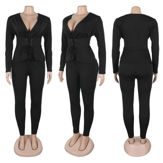 Latest Design Ladies Suits Office Wear V-neck Cinched Elastic Waist Long Sleeve Top and Pants Two Piece Set Outfits for Women