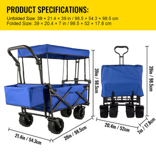 VEVOR Extra Large Collapsible Garden Cart With Removable Canopy, Folding Wagon Utility Carts With Wheels And Rear Storage, Wagon Cart For Garden, Camping, Grocery Cart, Shopping Cart, Blue
