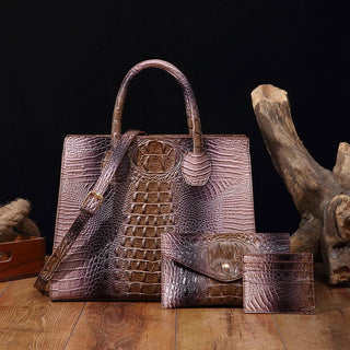 3 Pcs Crocodile Pattern Handbag & Purses Set, Multi-functional Vintage Top Handle Crossbody Bag & Business Clutch Bag & Card Coi - Thomas Family Essentials LLC