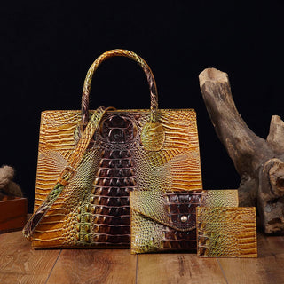 3 Pcs Crocodile Pattern Handbag & Purses Set, Multi-functional Vintage Top Handle Crossbody Bag & Business Clutch Bag & Card Coi - Thomas Family Essentials LLC