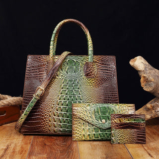 3 Pcs Crocodile Pattern Handbag & Purses Set, Multi-functional Vintage Top Handle Crossbody Bag & Business Clutch Bag & Card Coi - Thomas Family Essentials LLC