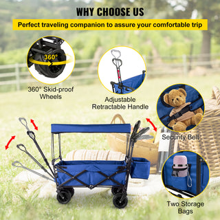 VEVOR Extra Large Collapsible Garden Cart With Removable Canopy, Folding Wagon Utility Carts With Wheels And Rear Storage, Wagon Cart For Garden, Camping, Grocery Cart, Shopping Cart, Blue