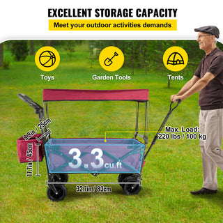 VEVOR Extra Large Collapsible Garden Cart With Removable Canopy, Folding Wagon Utility Carts With Wheels And Rear Storage, Wagon Cart For Garden, Camping, Grocery Cart, Shopping Cart, Red