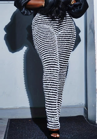 Plus Size Women Knitting Stripe High Waist Trousers