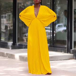 Plus Size Women's Summer V-Neck Bat Sleeves Loose Casual Pleated Dress