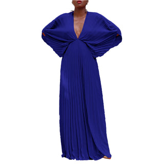 Plus Size Women's Summer V-Neck Bat Sleeves Loose Casual Pleated Dress