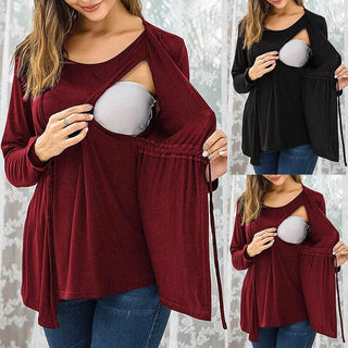 Autumn Winter Long Sleeve Round Neck Fake Two Piece Lace Up Breastfeeding Pregnant Women's Top T-shirt Pregnant Women's Outwear - Thomas Family Essentials LLC