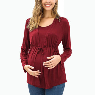 Autumn Winter Long Sleeve Round Neck Fake Two Piece Lace Up Breastfeeding Pregnant Women's Top T-shirt Pregnant Women's Outwear - Thomas Family Essentials LLC
