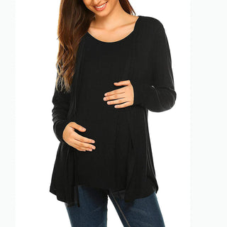 Autumn Winter Long Sleeve Round Neck Fake Two Piece Lace Up Breastfeeding Pregnant Women's Top T-shirt Pregnant Women's Outwear - Thomas Family Essentials LLC