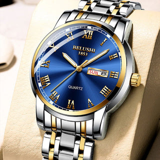 BELUSHI Top Brand Watch Men Stainless Steel Business Date Clock Waterproof Luminous Watches Mens Luxury Sport Quartz Wrist Watch - Thomas Family Essentials LLC