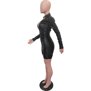 Women's Solid Color V-Neck Long Sleeve Ruched High Stretch Pu Leather Jumpsuit