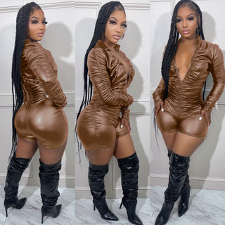 Women's Solid Color V-Neck Long Sleeve Ruched High Stretch Pu Leather Jumpsuit