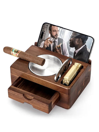 Cigar Ashtray Wooden Cigar Ashtray with Drawer, Cigar Cutter, Phone Holder, Tablet Accessories, Gift for Men ﻿ - Thomas Family Essentials LLC