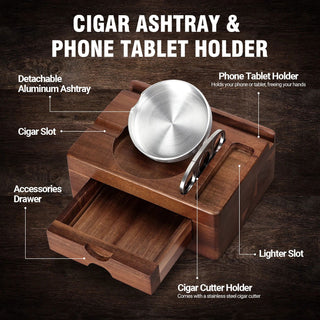 Cigar Ashtray Wooden Cigar Ashtray with Drawer, Cigar Cutter, Phone Holder, Tablet Accessories, Gift for Men ﻿ - Thomas Family Essentials LLC