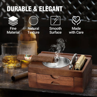 Cigar Ashtray Wooden Cigar Ashtray with Drawer, Cigar Cutter, Phone Holder, Tablet Accessories, Gift for Men ﻿ - Thomas Family Essentials LLC