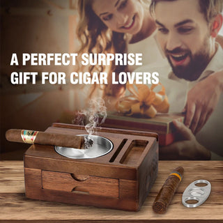 Cigar Ashtray Wooden Cigar Ashtray with Drawer, Cigar Cutter, Phone Holder, Tablet Accessories, Gift for Men ﻿ - Thomas Family Essentials LLC