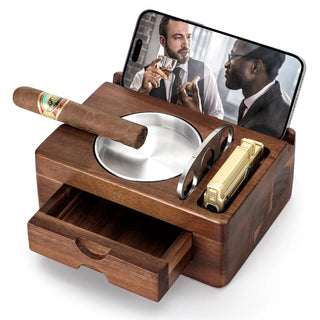 Cigar Ashtray Wooden Cigar Ashtray with Drawer, Cigar Cutter, Phone Holder, Tablet Accessories, Gift for Men ﻿ - Thomas Family Essentials LLC