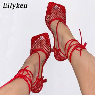 Eilyken Fashion Hollow Breathable Mesh Square Toe Stiletto High Heels Women Pumps Ankle Lace-Up Elegant Dress Ladies Shoes - Thomas Family Essentials LLC