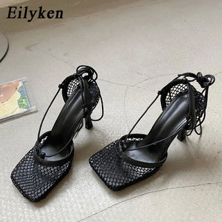 Eilyken Fashion Hollow Breathable Mesh Square Toe Stiletto High Heels Women Pumps Ankle Lace-Up Elegant Dress Ladies Shoes - Thomas Family Essentials LLC