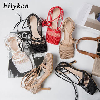 Eilyken Fashion Hollow Breathable Mesh Square Toe Stiletto High Heels Women Pumps Ankle Lace-Up Elegant Dress Ladies Shoes - Thomas Family Essentials LLC