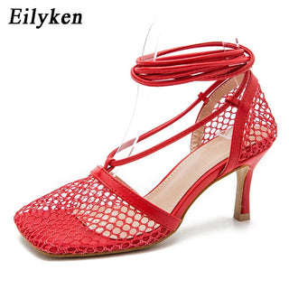 Eilyken Fashion Hollow Breathable Mesh Square Toe Stiletto High Heels Women Pumps Ankle Lace-Up Elegant Dress Ladies Shoes - Thomas Family Essentials LLC