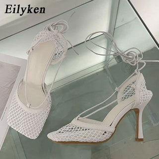 Eilyken Fashion Hollow Breathable Mesh Square Toe Stiletto High Heels Women Pumps Ankle Lace-Up Elegant Dress Ladies Shoes - Thomas Family Essentials LLC