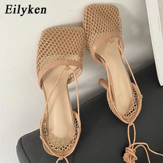 Eilyken Fashion Hollow Breathable Mesh Square Toe Stiletto High Heels Women Pumps Ankle Lace-Up Elegant Dress Ladies Shoes - Thomas Family Essentials LLC