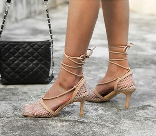 Eilyken Fashion Hollow Breathable Mesh Square Toe Stiletto High Heels Women Pumps Ankle Lace-Up Elegant Dress Ladies Shoes - Thomas Family Essentials LLC