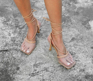 Eilyken Fashion Hollow Breathable Mesh Square Toe Stiletto High Heels Women Pumps Ankle Lace-Up Elegant Dress Ladies Shoes - Thomas Family Essentials LLC