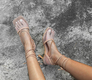 Eilyken Fashion Hollow Breathable Mesh Square Toe Stiletto High Heels Women Pumps Ankle Lace-Up Elegant Dress Ladies Shoes - Thomas Family Essentials LLC