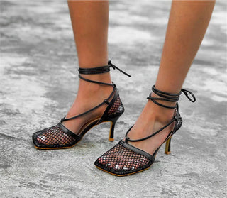 Eilyken Fashion Hollow Breathable Mesh Square Toe Stiletto High Heels Women Pumps Ankle Lace-Up Elegant Dress Ladies Shoes - Thomas Family Essentials LLC