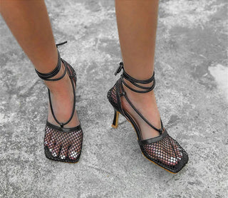 Eilyken Fashion Hollow Breathable Mesh Square Toe Stiletto High Heels Women Pumps Ankle Lace-Up Elegant Dress Ladies Shoes - Thomas Family Essentials LLC