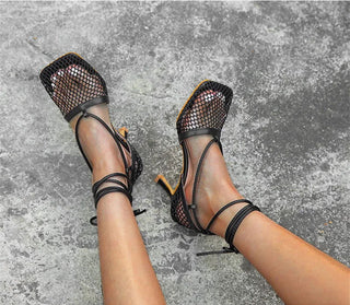 Eilyken Fashion Hollow Breathable Mesh Square Toe Stiletto High Heels Women Pumps Ankle Lace-Up Elegant Dress Ladies Shoes - Thomas Family Essentials LLC