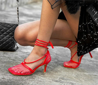 Eilyken Fashion Hollow Breathable Mesh Square Toe Stiletto High Heels Women Pumps Ankle Lace-Up Elegant Dress Ladies Shoes - Thomas Family Essentials LLC