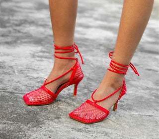 Eilyken Fashion Hollow Breathable Mesh Square Toe Stiletto High Heels Women Pumps Ankle Lace-Up Elegant Dress Ladies Shoes - Thomas Family Essentials LLC