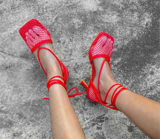 Eilyken Fashion Hollow Breathable Mesh Square Toe Stiletto High Heels Women Pumps Ankle Lace-Up Elegant Dress Ladies Shoes - Thomas Family Essentials LLC
