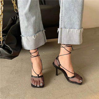 Eilyken Fashion Hollow Breathable Mesh Square Toe Stiletto High Heels Women Pumps Ankle Lace-Up Elegant Dress Ladies Shoes - Thomas Family Essentials LLC
