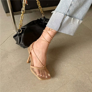 Eilyken Fashion Hollow Breathable Mesh Square Toe Stiletto High Heels Women Pumps Ankle Lace-Up Elegant Dress Ladies Shoes - Thomas Family Essentials LLC