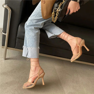 Eilyken Fashion Hollow Breathable Mesh Square Toe Stiletto High Heels Women Pumps Ankle Lace-Up Elegant Dress Ladies Shoes - Thomas Family Essentials LLC