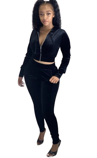 Elastic Waist Skinny Zipper Two Pieces Women Clothing Sweat Suit Set Women Crop Top Pants Set