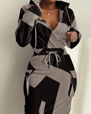 Rush Order Deep V-neck Women's Printed Elastic Waist Pocket Office Ladies Casual Dress