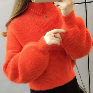 Winter Women Solid Color Lantern Sleeves Loose Knitted High Neck Sweater
