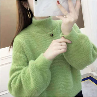 Winter Women Solid Color Lantern Sleeves Loose Knitted High Neck Sweater