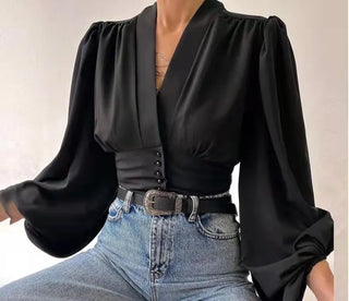 New Ladies Office Blouse Button V-neck Lantern Sleeve Pleated Slim Elegant Plus Size Women's Blouses Shirts