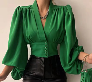 New Ladies Office Blouse Button V-neck Lantern Sleeve Pleated Slim Elegant Plus Size Women's Blouses Shirts