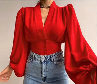 New Ladies Office Blouse Button V-neck Lantern Sleeve Pleated Slim Elegant Plus Size Women's Blouses Shirts