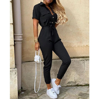 Colorful Straight Casual Lapel Button Print Belt Short Sleeve Workwear Jumpsuit