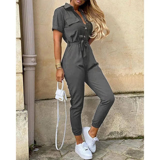 Colorful Straight Casual Lapel Button Print Belt Short Sleeve Workwear Jumpsuit
