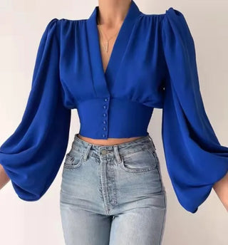 New Ladies Office Blouse Button V-neck Lantern Sleeve Pleated Slim Elegant Plus Size Women's Blouses Shirts