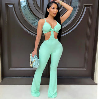 Backless Stretch Bell pants jumpsuit Summer Solid Color Joggers Outfits Trousers Bell Bottom Pants Rompers sexy Women